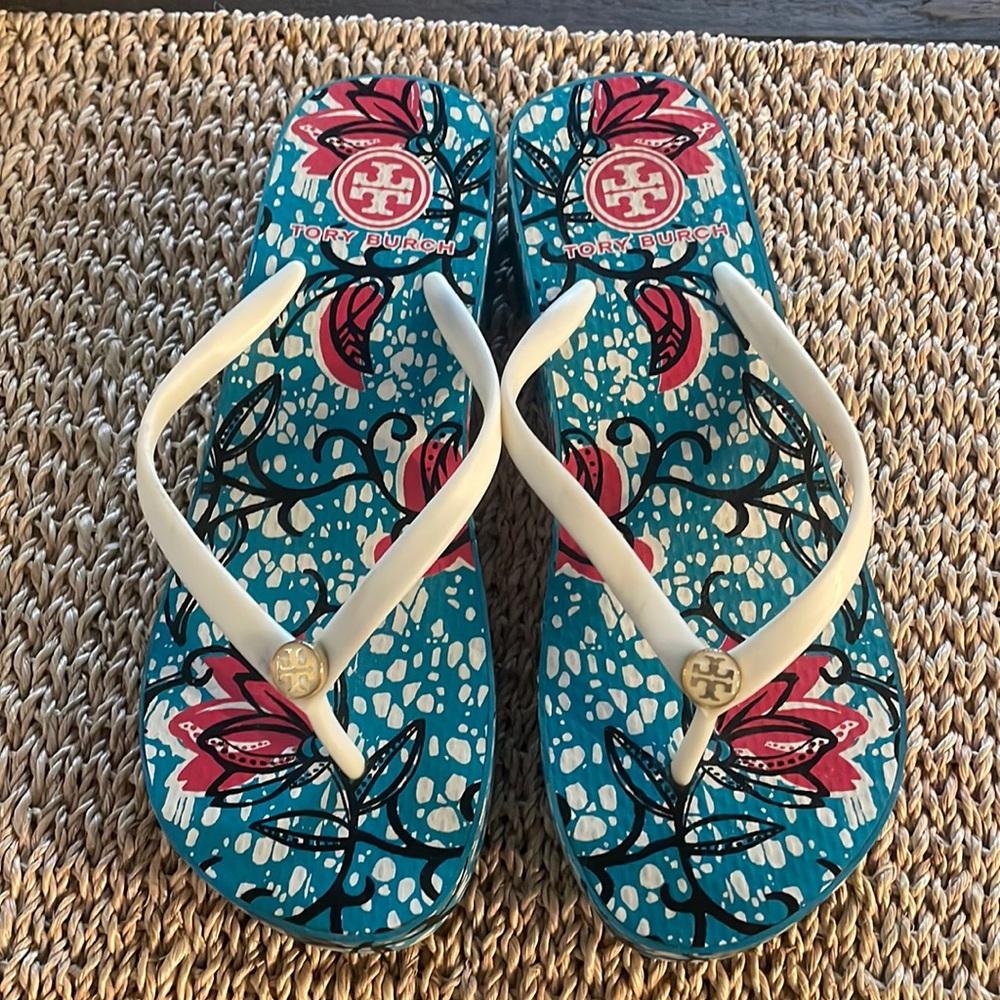 Tory Burch Patterned Wedge Flip Flops